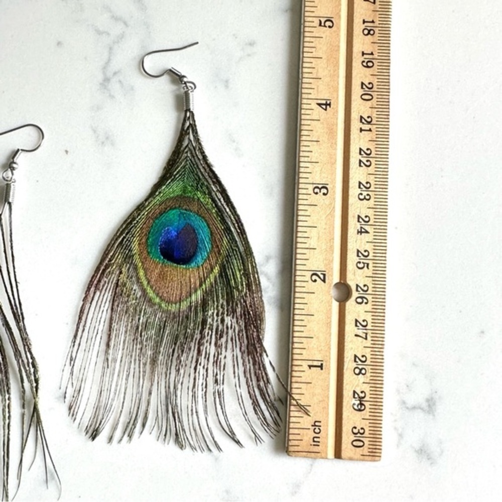 2/$30🌵 Peacock Feather Earrings Boho Jewel Tones Hippie Long Southwestern NEW - Picture 5 of 6